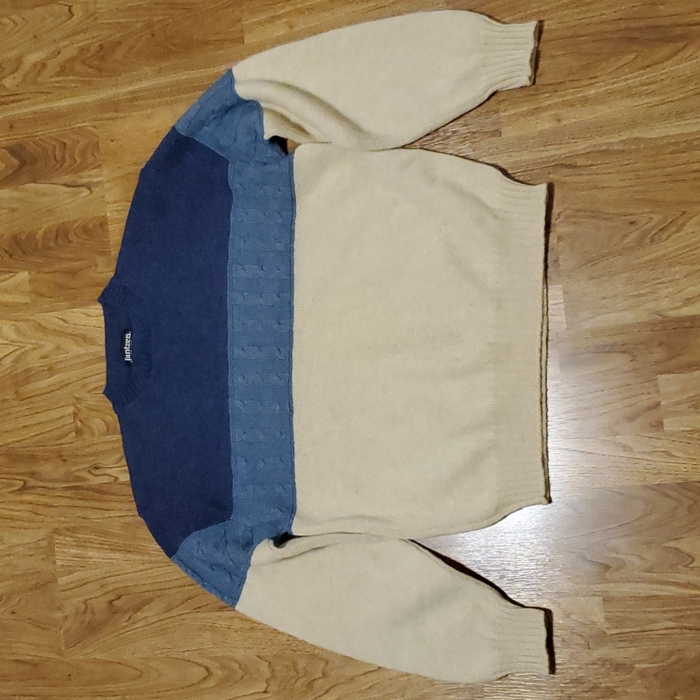 Jantzen Vintage Wool Blend Color Block Sweater Mens Size L Blue Cream Color